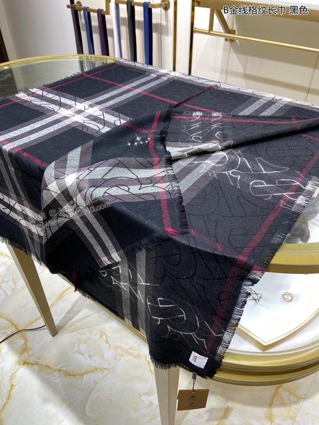 Burberry金線格紋長巾 巴寶莉2021新款女士羊絨圍巾  mmj1334